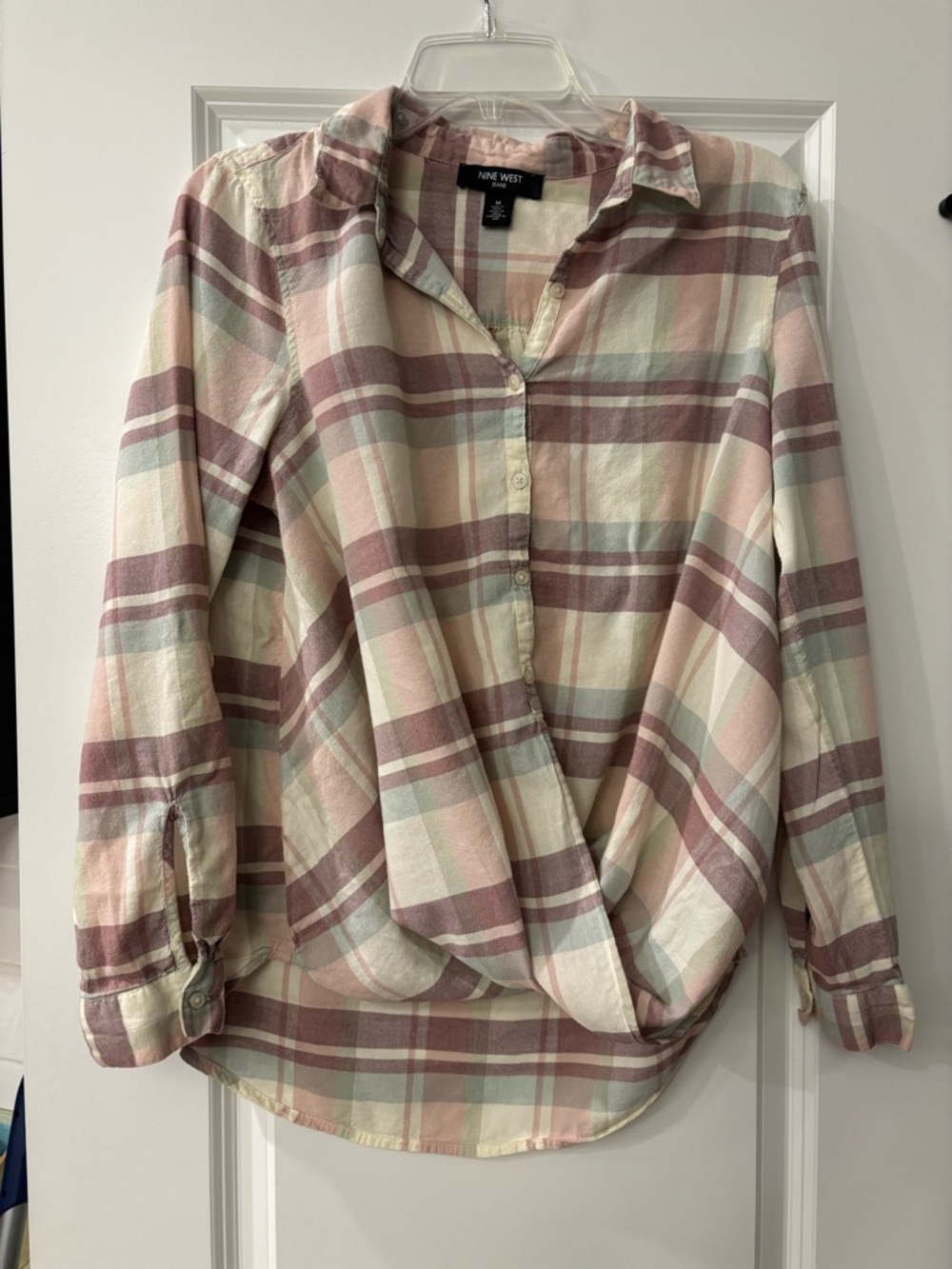 Nine West Pink, Cream & Pale Green Plaid Button-Down Shirt